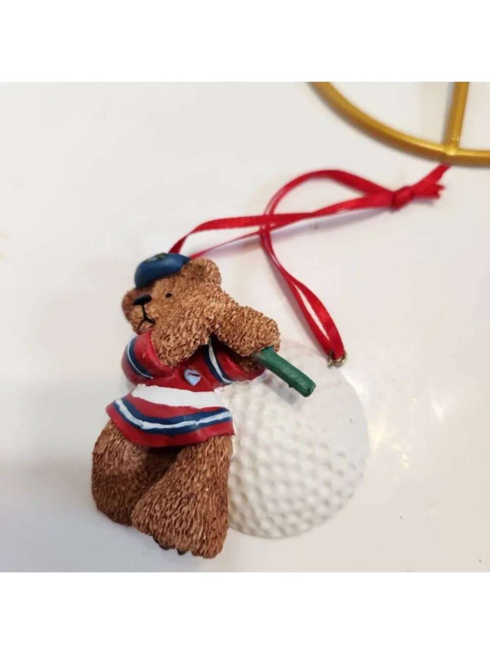 Kurt S. Adler Golf-Themed Teddy Bear Christmas Ornament Red Ribbon Hand-Painted